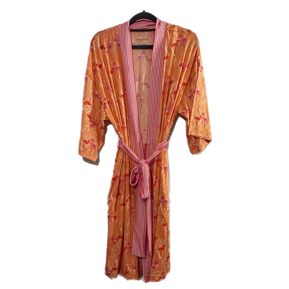 Cuddl Duds Orange and Red Plush Robe with Wraparound Flamingos